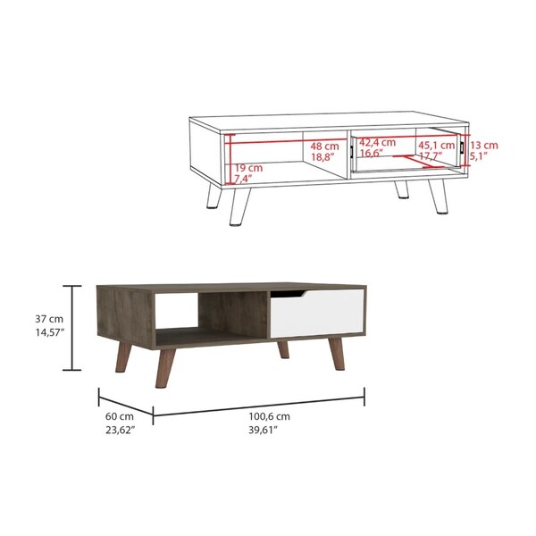 Tuhome Oslo Coffee Table 2.0, One Drawer, Four Legs, Dark Brown/White - MBB7944