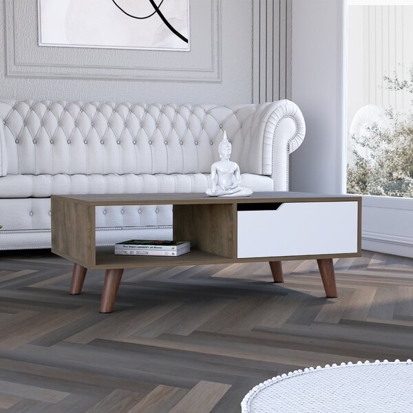 Tuhome Oslo Coffee Table 2.0, One Drawer, Four Legs, Dark Brown/White - MBB7944