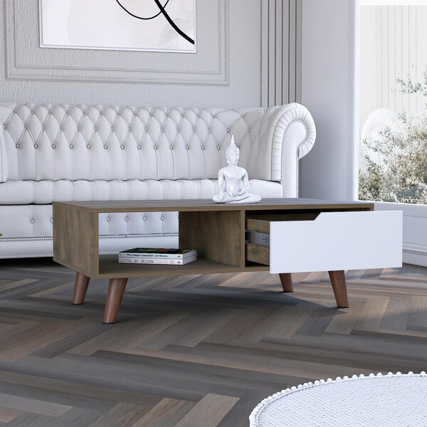 Tuhome Oslo Coffee Table 2.0, One Drawer, Four Legs, Dark Brown/White - MBB7944