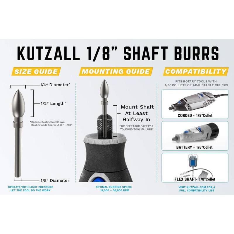 KUTZALL Burr Flama, 1/8 pulgadas de eje, Diámetro de la cabeza 1/4 pulgadas x Longitud de la cabeza 1/2 pulgadas, Dientes de carburo de tungsteno, Grueso - FL-14-E