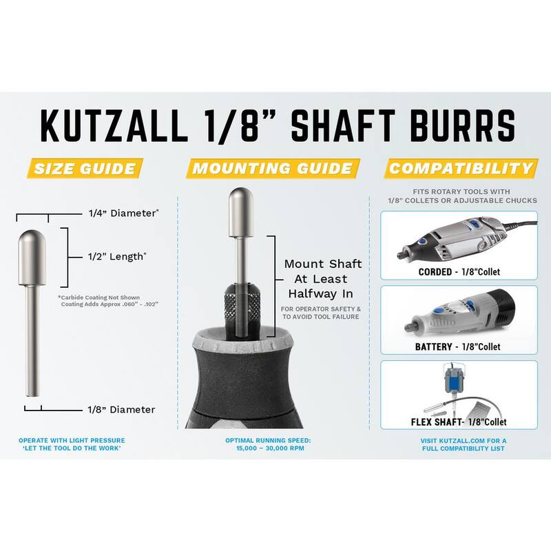 Broca esférica KUTZALL, 1/8 pulg. de eje, Diámetro de cabeza 1/4 pulg. x Longitud de cabeza 1/2 pulg., Dientes de carburo de tungsteno, Muy grueso - BNX-14-EC