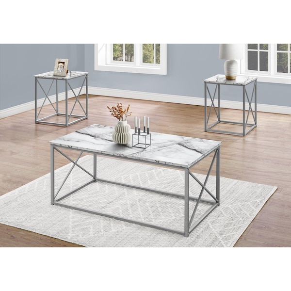 Monarch Specialties Table Set, 3pcs Set, Coffee, End, Side, Accent, Living Room, Metal, White Marble Look, Grey - I 7953P