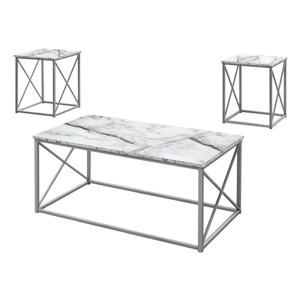 Monarch Specialties Table Set, 3pcs Set, Coffee, End, Side, Accent, Living Room, Metal, White Marble Look, Grey - I 7953P