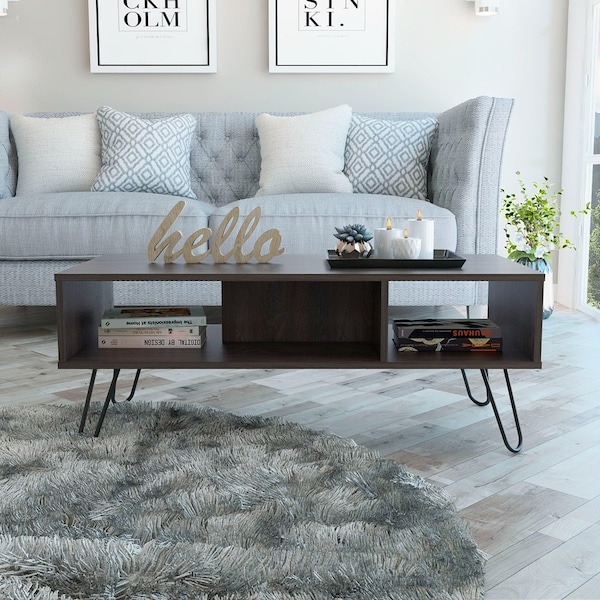 Tuhome Vassel Coffee Table, Hairpin Legs, Two Shelves, Espresso - MLC4755