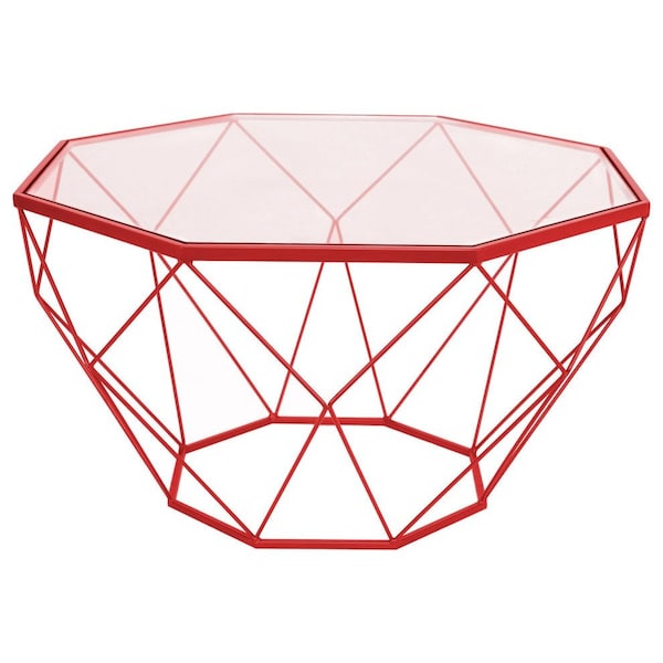 Leisuremod Malibu Large Modern Octagon Glass Top Coffee Table with Geometric Base, Red - MD31R