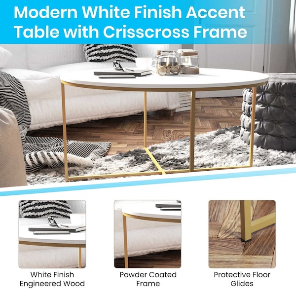 Flash Furniture Hampstead Collection Coffee Table - Modern White Finish Accent Table with Crisscross Brushed Gold Frame - NAN-JH-1787CT-GG