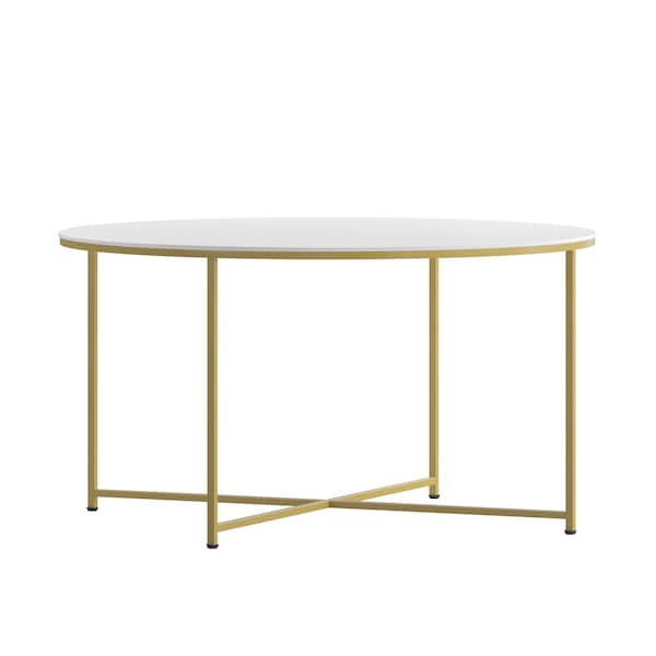 Flash Furniture Hampstead Collection Coffee Table - Modern White Finish Accent Table with Crisscross Brushed Gold Frame - NAN-JH-1787CT-GG