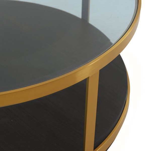 Armen Living Hattie Glass Top and Walnut Wood Coffee Table with Brushed Gold Frame - LCOPCOBRGLD