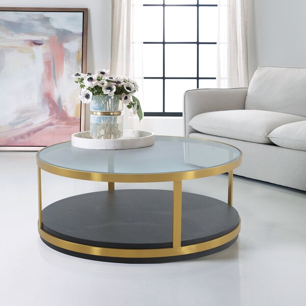 Armen Living Hattie Glass Top and Walnut Wood Coffee Table with Brushed Gold Frame - LCOPCOBRGLD
