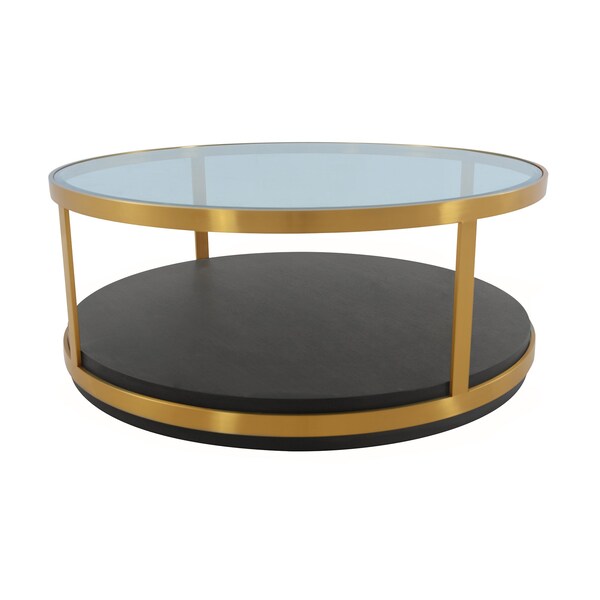 Armen Living Hattie Glass Top and Walnut Wood Coffee Table with Brushed Gold Frame - LCOPCOBRGLD