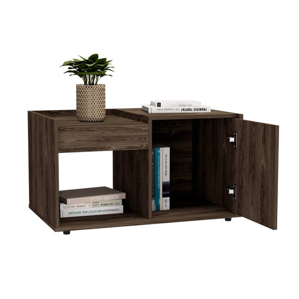 Tuhome Lyon Coffee Table, Single Door Cabinet, One Open Shelf, Dark Walnut - MLC6707