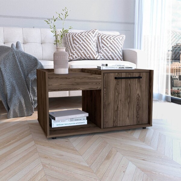 Tuhome Lyon Coffee Table, Single Door Cabinet, One Open Shelf, Dark Walnut - MLC6707