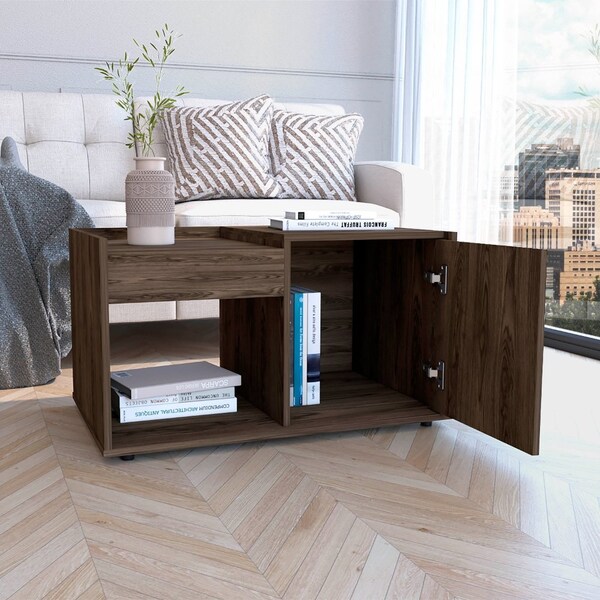 Tuhome Lyon Coffee Table, Single Door Cabinet, One Open Shelf, Dark Walnut - MLC6707