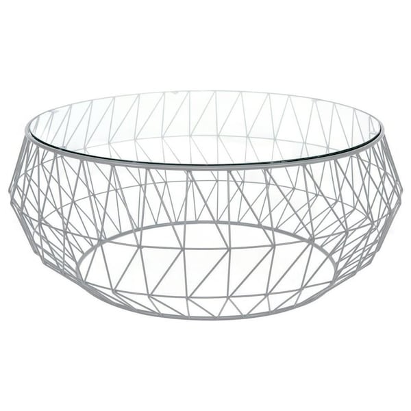 Leisuremod Malibu Modern Round Glass Top Coffee Table with Metal Base, Grey - MD39GR