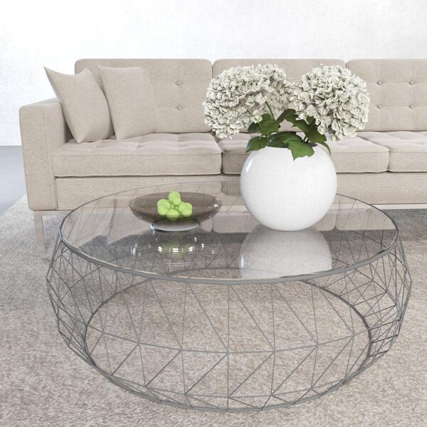 Leisuremod Malibu Modern Round Glass Top Coffee Table with Metal Base, Grey - MD39GR