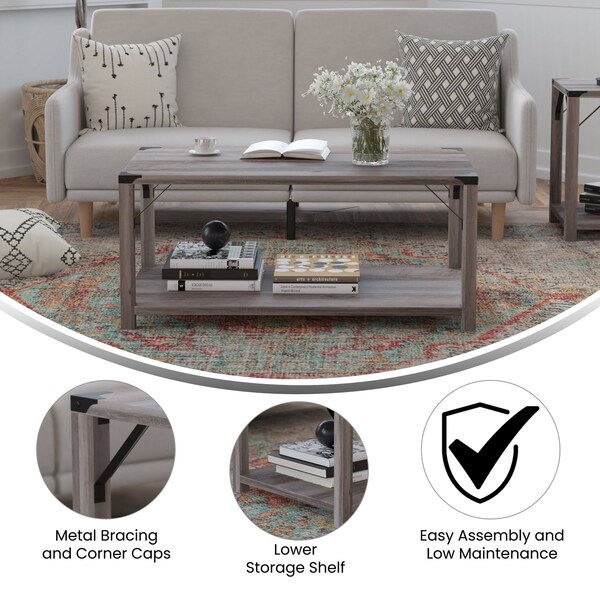 Flash Furniture Gray Wash Coffee Table with Black Metal Accents - ZG-037-GY-GG
