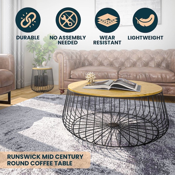 Leisuremod Runswick Modern Wood Top Coffee Table with Metal Base, Natural Wood - RTBL-31NW