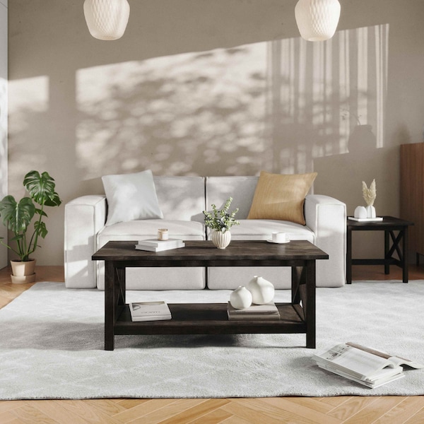 Flash Furniture Jasper Farmhouse Style Solid Wood Coffee Table w/X-Frame Design and Lower Shelf in Dark Gray - LFS-2007-DKGRY-GG