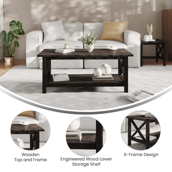 Flash Furniture Jasper Farmhouse Style Solid Wood Coffee Table w/X-Frame Design and Lower Shelf in Dark Gray - LFS-2007-DKGRY-GG