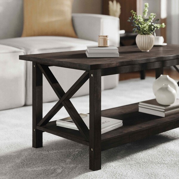 Flash Furniture Jasper Farmhouse Style Solid Wood Coffee Table w/X-Frame Design and Lower Shelf in Dark Gray - LFS-2007-DKGRY-GG