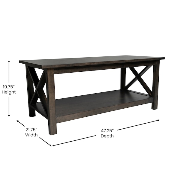 Flash Furniture Jasper Farmhouse Style Solid Wood Coffee Table w/X-Frame Design and Lower Shelf in Dark Gray - LFS-2007-DKGRY-GG
