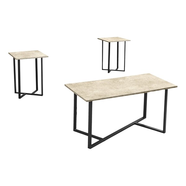 Monarch Specialties Table Set, 3pcs Set, Coffee, Living Room, Cream Stone Laminate, Black Metal, Contemporary, Modern - I 7974P