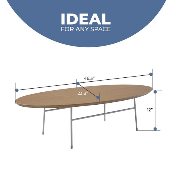 Leisuremod Rossmore Oval Coffee Table with White Powder Coated Steel Frame, Natural Wood - RSW-46NW