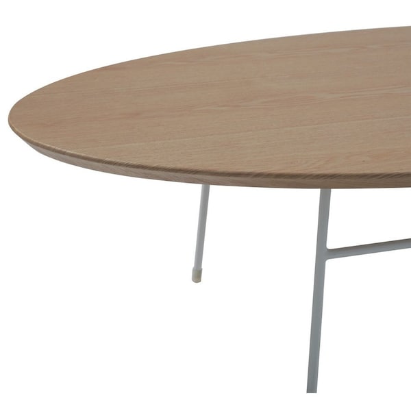 Leisuremod Rossmore Oval Coffee Table with White Powder Coated Steel Frame, Natural Wood - RSW-46NW