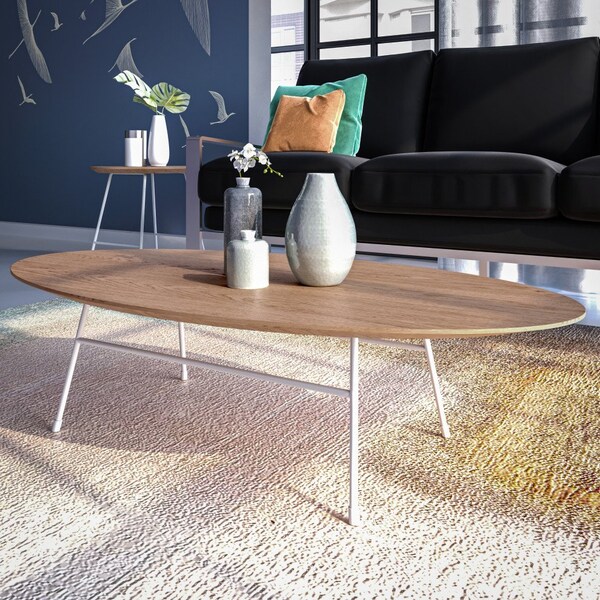 Leisuremod Rossmore Oval Coffee Table with White Powder Coated Steel Frame, Natural Wood - RSW-46NW