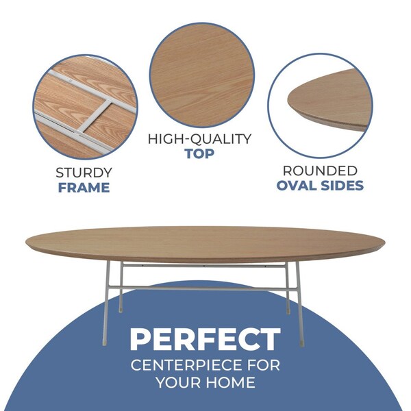 Leisuremod Rossmore Oval Coffee Table with White Powder Coated Steel Frame, Natural Wood - RSW-46NW