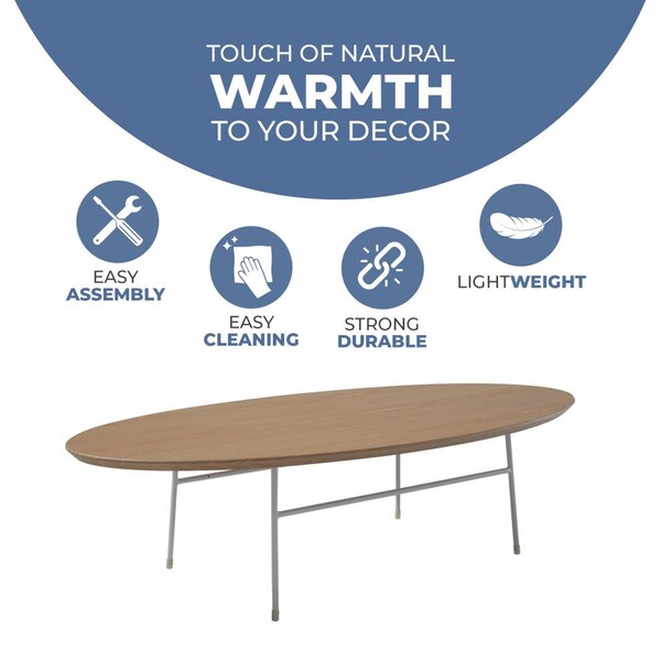 Leisuremod Rossmore Oval Coffee Table with White Powder Coated Steel Frame, Natural Wood - RSW-46NW
