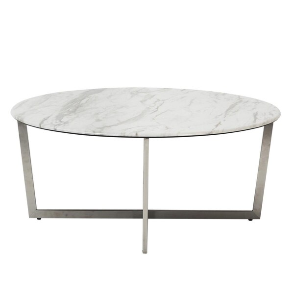 Homeroots On Stainless Faux Marble Round Coffee Table, White - 400561