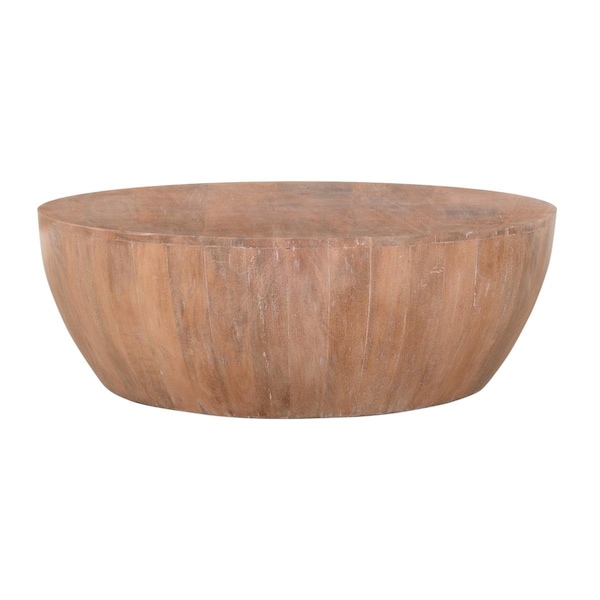 Deluxdesigns 12 x 35.5 x 35.5 in. Drum Shape Wooden Coffee Table with Plank Design Base, Distressed Brown - DE2530555