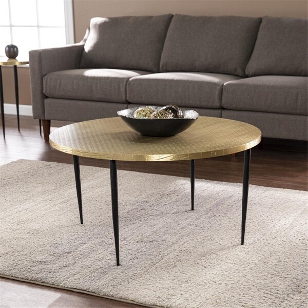 Homeroots 34 in. Embossed Metal Round Coffee Table Black & Gold - 402118
