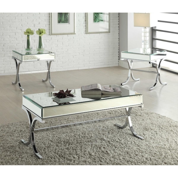 Oceantailer Home Roots Furniture  19 x 42 x 21 in. Mirrored Top & Chrome Tube Coffee Table - Silver - 286042