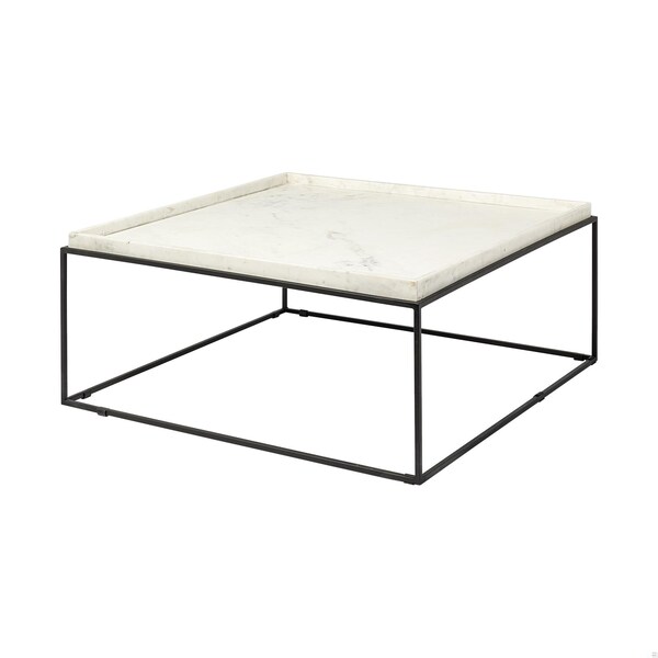 Homeroots Square Top & Black Metal Base Coffee Table, White Marble - 376304