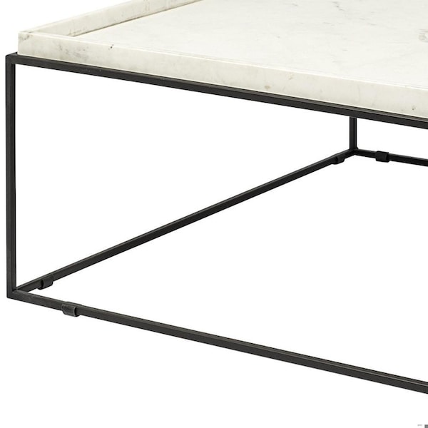 Homeroots Square Top & Black Metal Base Coffee Table, White Marble - 376304