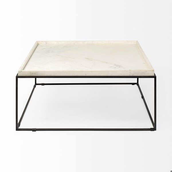 Homeroots Square Top & Black Metal Base Coffee Table, White Marble - 376304