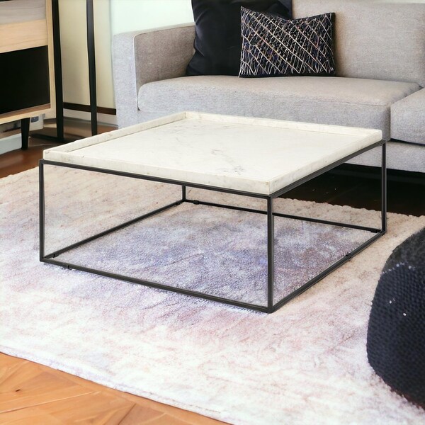 Homeroots Square Top & Black Metal Base Coffee Table, White Marble - 376304