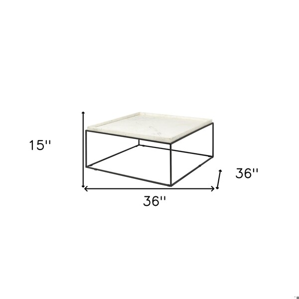 Homeroots Square Top & Black Metal Base Coffee Table, White Marble - 376304