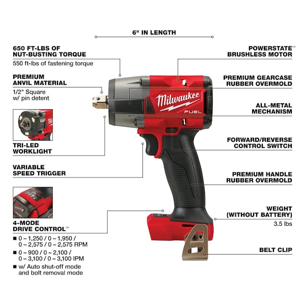 Milwaukee Tool M18 FUEL 1/2 in. Mid-Torque Impact Wrench with Pin Detent (Tool Only) - 2962P-20