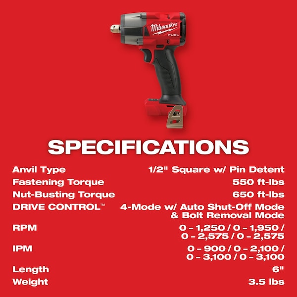 Milwaukee Tool M18 FUEL 1/2 in. Mid-Torque Impact Wrench with Pin Detent (Tool Only) - 2962P-20
