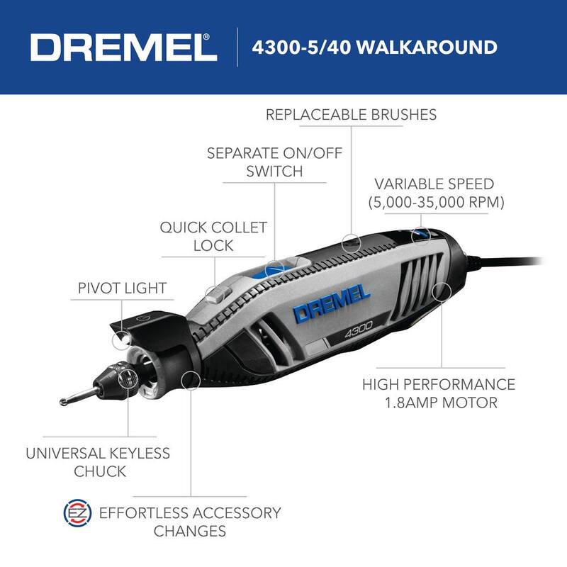 Juego de herramienta rotativa con cable Dremel de la Serie 4300 de 1.8 amperes de velocidad variable con kit de accesorios para herramienta rotativa (130 piezas) - 71301+43005/40.