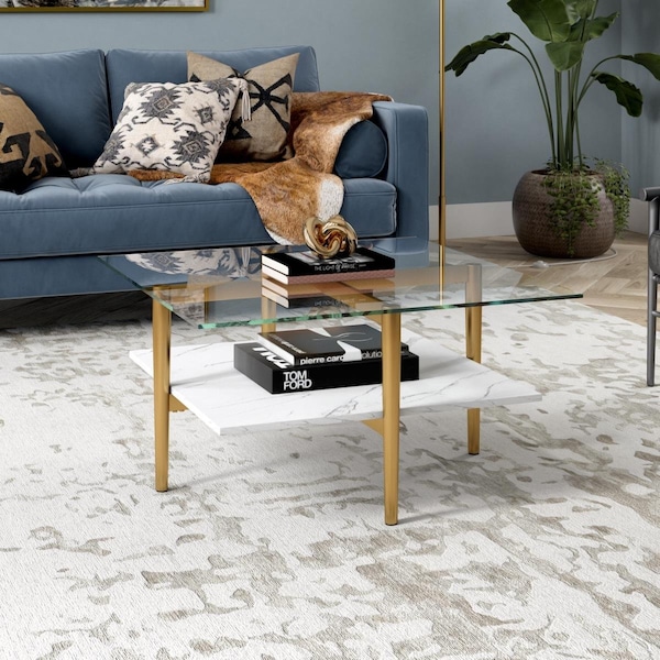 Hudson & Canal 32 in. Otto Square Coffee Table with Faux Marble Shelf Brass - CT1515