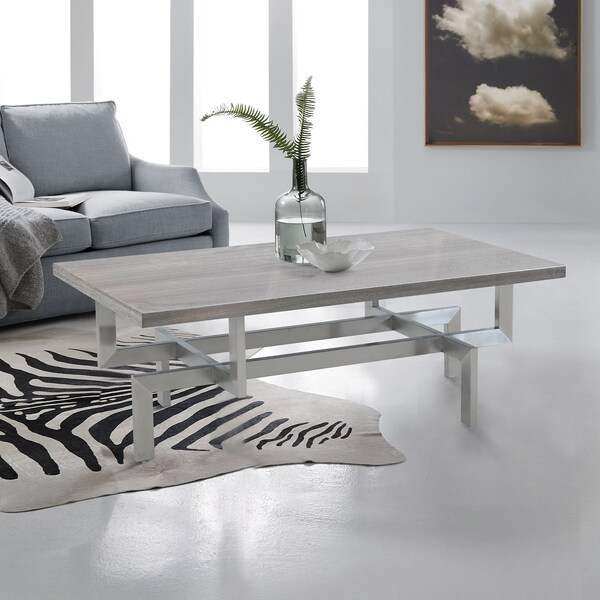 Armen Living Illusion Gray Wood Coffee Table with Brushed Stainless Steel Base - LCILCOBSGR