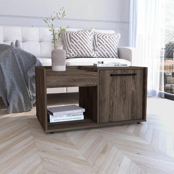 Homeroots 32 in. Manufactured Wood Rectangular Coffee Table with Shelf, Dark Walnut - 477832