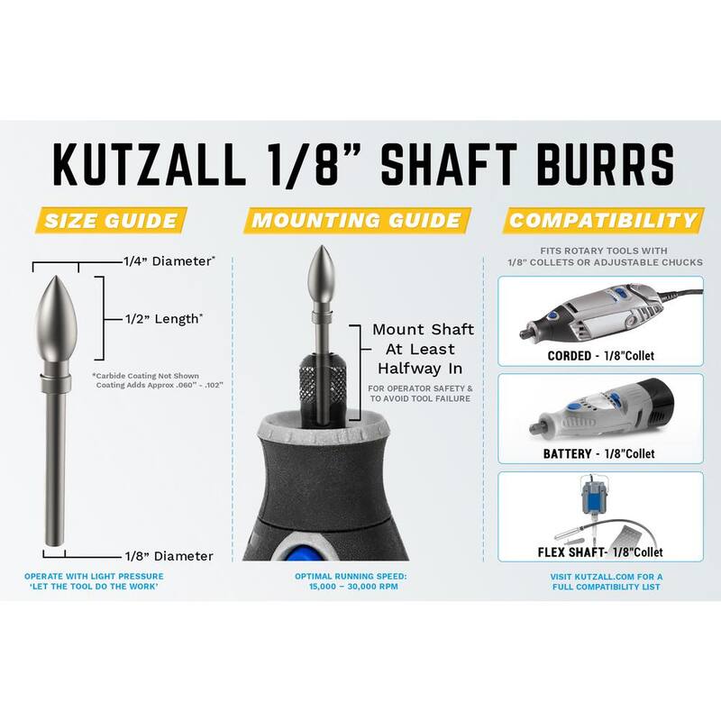 Set de fresas rotativas gruesas KUTZALL para una remoción superior de material en madera, plástico, fibra de vidrio, epoxy, tablaroca 1/8 pulgadas de diámetro del eje - 18CKIT01