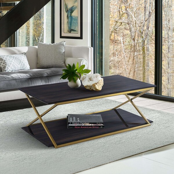 Armen Living Westlake Dark Brown Veneer Coffee Table with Brushed Gold Legs - LCWLCOBRGLD