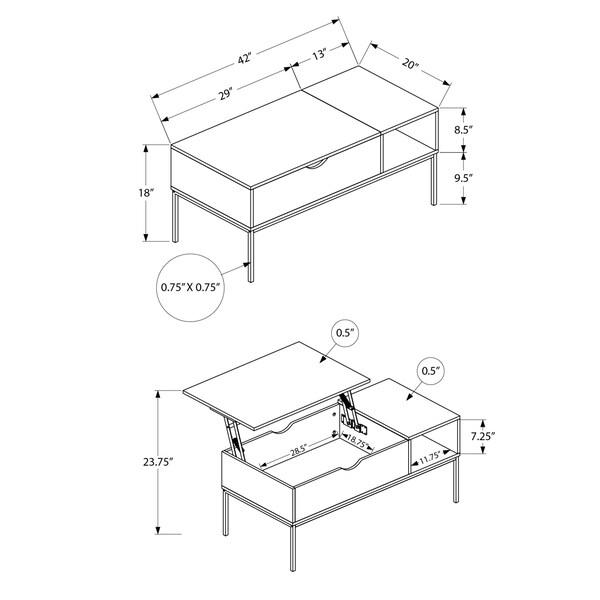Monarch Specialties Coffee Table, 42in L, Rectangular, Cocktail, Lift-top, Dark Taupe, Black Metal, Contemporary, Modern - I 3806