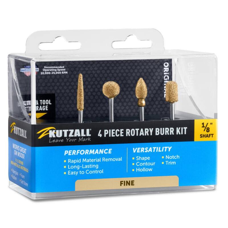 Set de fresas rotativas finas KUTZALL para una remoción rápida y suave de material en madera, plástico, fibra de vidrio, epoxi, tablarroca 1/8 pulg. de eje - 18FKIT01